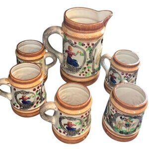 Vintage Japanese Ceramic Beer Stein Set With Horse Rider Motif Collectible